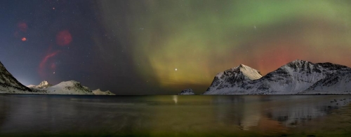 Panorama of Haukland Beach with Orion and Aurora