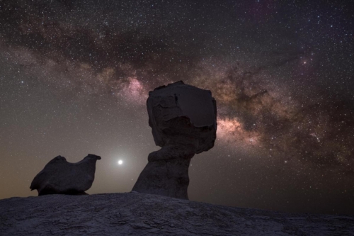 Milky Way over the famous mushroom rock in the White Desert in Egypt