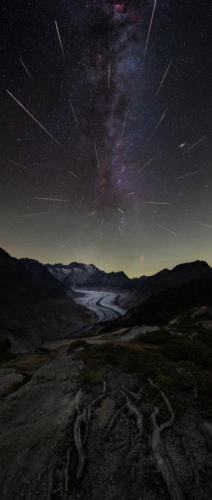 Panorama of the Cygnus Region and the Perseid Meteor Shower in Aletsch Glacier