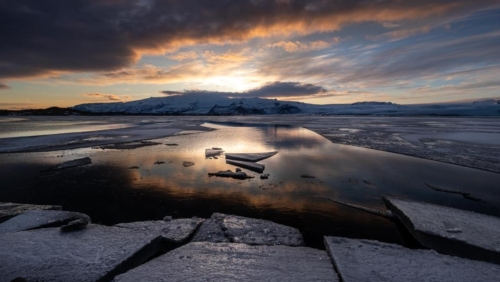 Jokulsarlon Glacier Lagoon at Sunset in Iceland