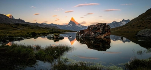 Sunrise Panorama of Stellisee and the Matterhorn in Zermatt