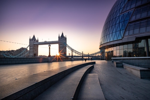 Sunrise at Tower Bridge and the City Hall in London